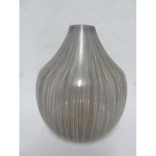 216 - Bohumil Elias - a bulb form glass vase, decorated with vertical iridescent stripes of silver grey, u... 