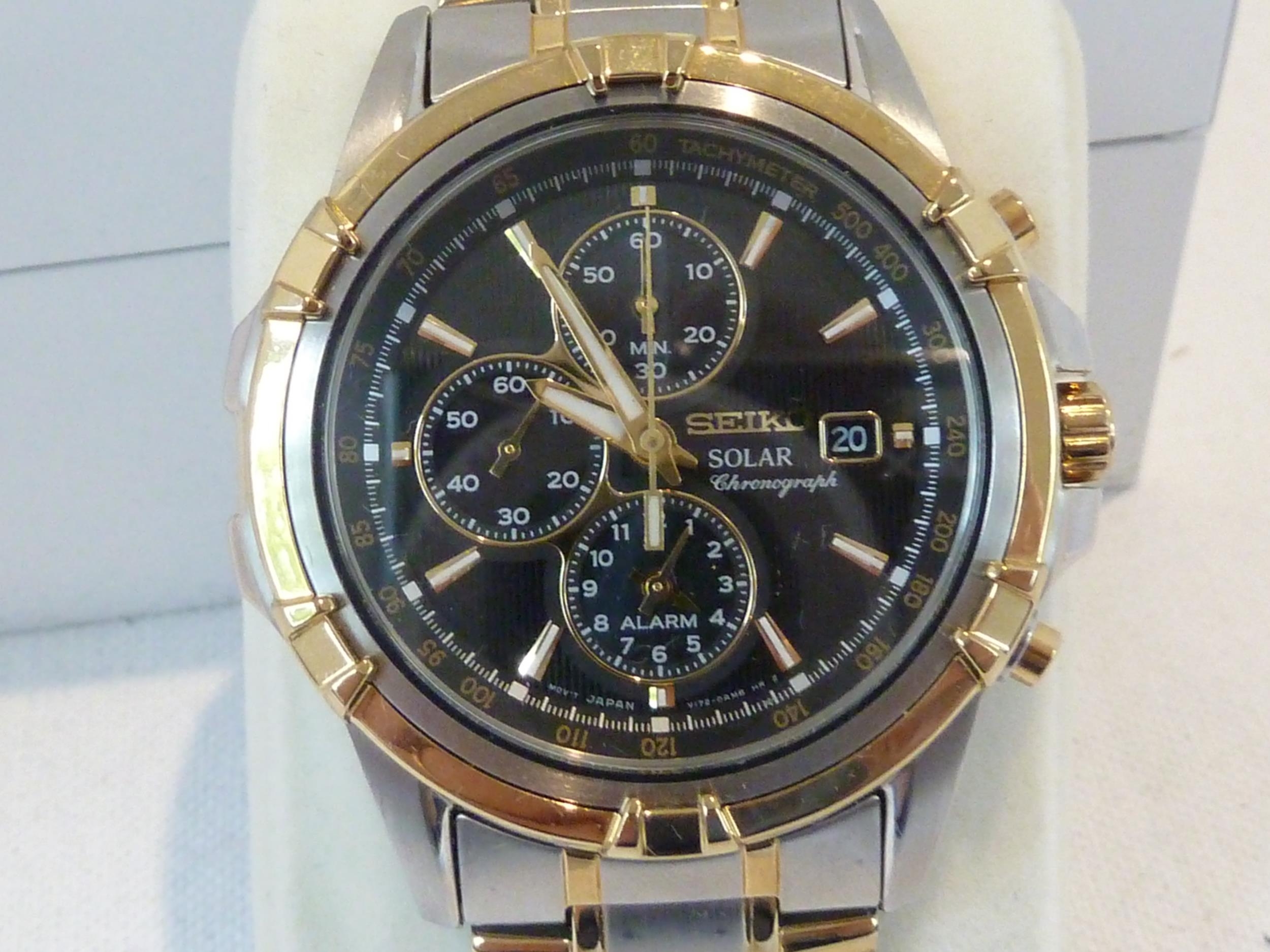 Seiko Solar Chronograph Date watch, V172-0AJ0, black dial, Stainless steel  and gold finish, unworn c