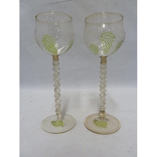 257 - Continental Glass - a pair of Jugenstil Hock wine glasses, decorated with green beaded grapes on a c... 