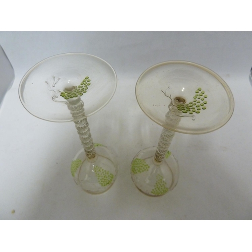 257 - Continental Glass - a pair of Jugenstil Hock wine glasses, decorated with green beaded grapes on a c... 