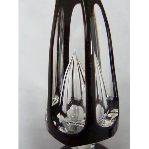 258 - Bohemian - a large pair of mallet form glass decanters of deep ruby overlay cut through to colourles... 