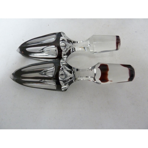 258 - Bohemian - a large pair of mallet form glass decanters of deep ruby overlay cut through to colourles... 