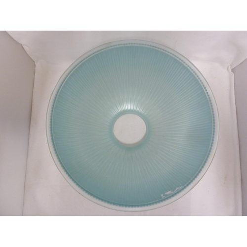 262 - A rare blue Holophane QE 300 industrial glass light shade, the ribbed body of pale blue glass, 29cm ... 