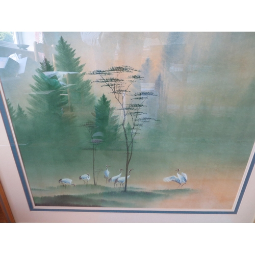 263 - A Chinese watercolour painting of cranes in a riverscape with trees, signed, 86 cm x 94 cm.