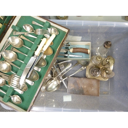 14 - A small quantity of silver plated wares, including a antler horn mounted carving set (qty)