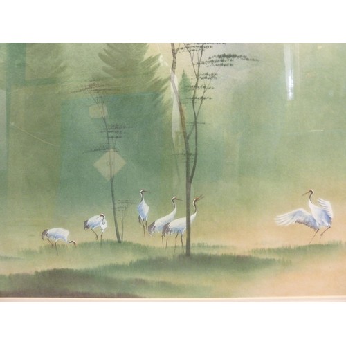 170 - A Chinese watercolour painting of cranes in a riverscape with trees, signed, 86 cm x 94 cm.