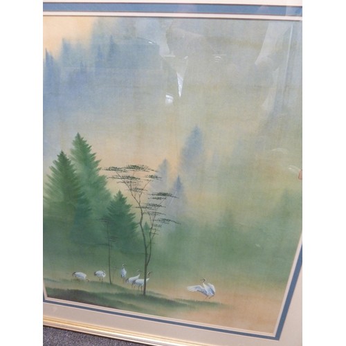 170 - A Chinese watercolour painting of cranes in a riverscape with trees, signed, 86 cm x 94 cm.