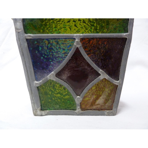 181 - A stained glass porch lantern, of square section with trapezoid domed cover, set with textured glass... 