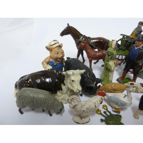 138 - A Britain's lead farmers cart and driver; other lead farmyard figures; and a 'porky pig' type lead f... 