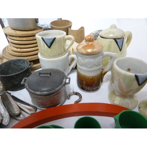 139 - A collection of vintage dolls and dolls house items, including cookware, a plastic picnic set; a par... 