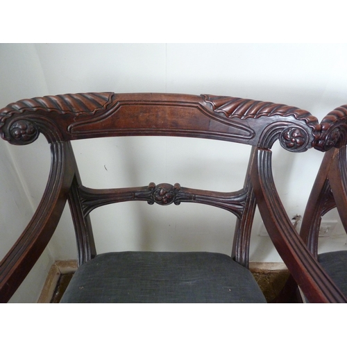 207 - A pair of Regency mahogany carver chairs, bar back with scroll arms and on fluted tapered legs, 82 c... 