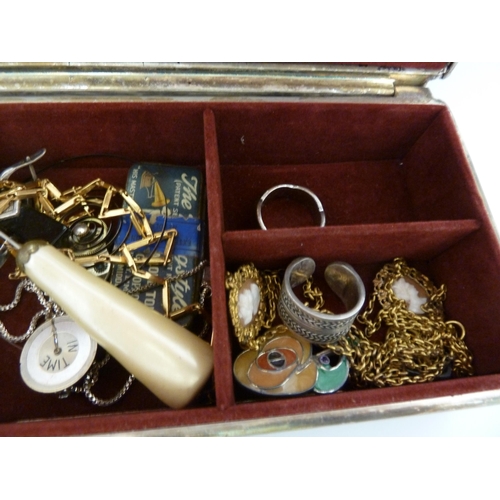 32 - A box of costume jewellery including Art Deco style marcasite rings; one white metal ring marked 525... 