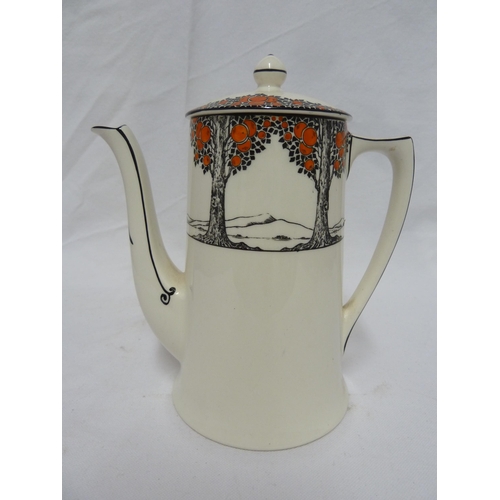 79 - A Crown Ducal Ware Orange Tree pattern coffee pot and cover; seven coffee cans; and five saucers, Re... 