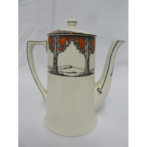 79 - A Crown Ducal Ware Orange Tree pattern coffee pot and cover; seven coffee cans; and five saucers, Re... 