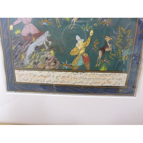 188 - Two Indian calligraphy paintings, one depicting three noble men on an elephant; the other hinting on... 