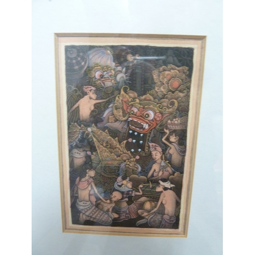 189 - A group of five Balinese paintings,  thee small, framed; and two in separate frames on silk (3)