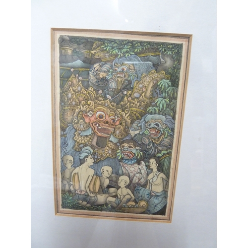 189 - A group of five Balinese paintings,  thee small, framed; and two in separate frames on silk (3)