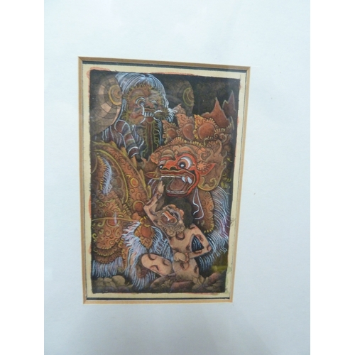 189 - A group of five Balinese paintings,  thee small, framed; and two in separate frames on silk (3)