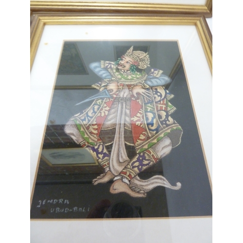 189 - A group of five Balinese paintings,  thee small, framed; and two in separate frames on silk (3)