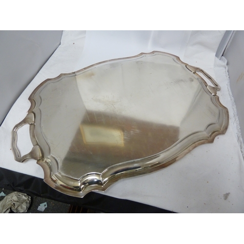 11 - A silver plated shaped edge drinks tray between two handles, mark for Kingsway plate, 54cm max appro... 