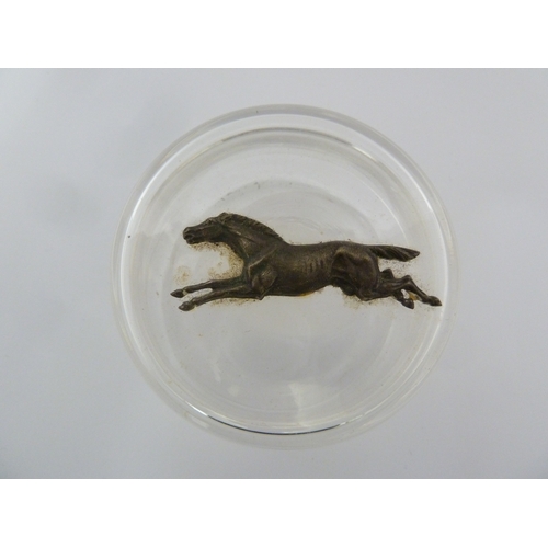 95 - A glass bonbonier applied with a white metal model of a race horse, 8cm diam