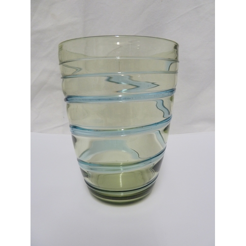 97 - A Whitefriars trailed glass vase, aqua on sea green, designed by Barnaby Powell, 1930's, 18cm max.