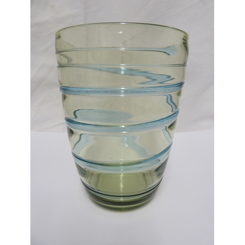 97 - A Whitefriars trailed glass vase, aqua on sea green, designed by Barnaby Powell, 1930's, 18cm max.