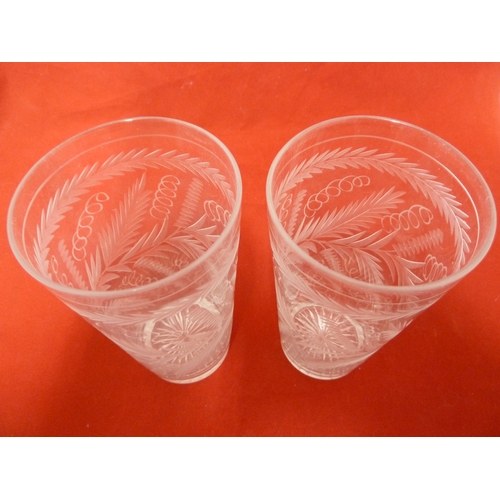 112 - A pair of Stourbridge glass beaker vases, cut with ferns, late 19th Century, 15.5 cm high (2)