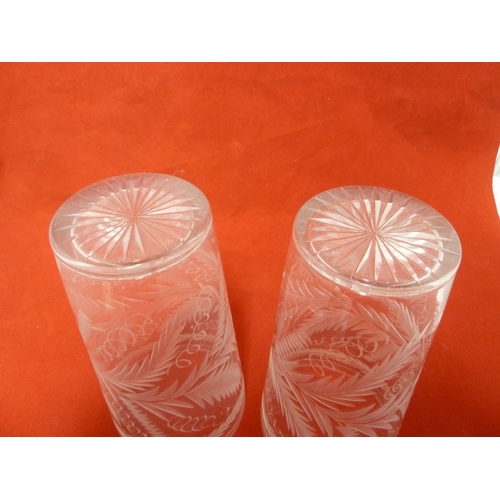 112 - A pair of Stourbridge glass beaker vases, cut with ferns, late 19th Century, 15.5 cm high (2)