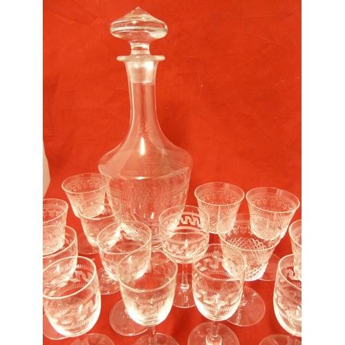 113 - An acid cut decanter and stopper; 6 glasses of similar design; and other glasses (15)