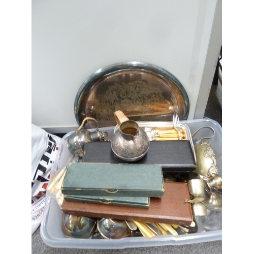 27 - Various silver plated items, including cutlery, serving ware and many Jersey milk cans (qty)