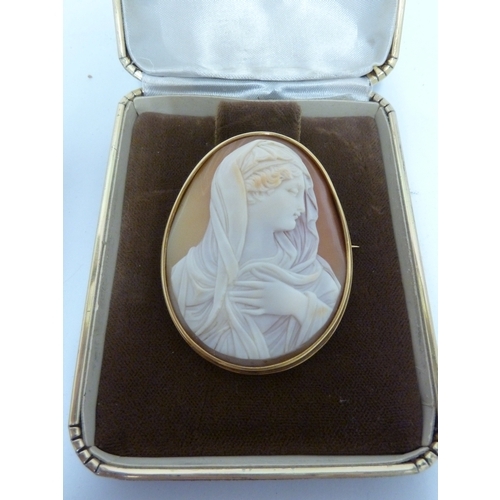 38 - A Cameo brooch, of a woman in a veil, set in unmarked yellow metal, 19.7 grms total weight.