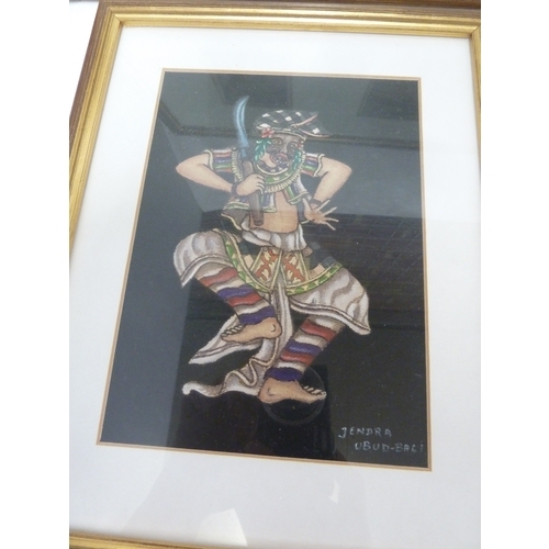 189 - A group of five Balinese paintings,  thee small, framed; and two in separate frames on silk (3)