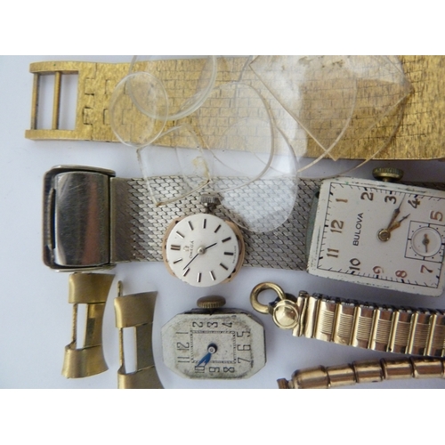 22 - A restorers box of watch parts, movements, dials, straps etc, including movements marked Baume and M... 