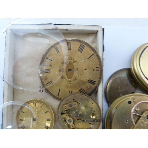 25 - A restorers box of watch parts, mostly antique pocket watch faces and movements, including a white e... 