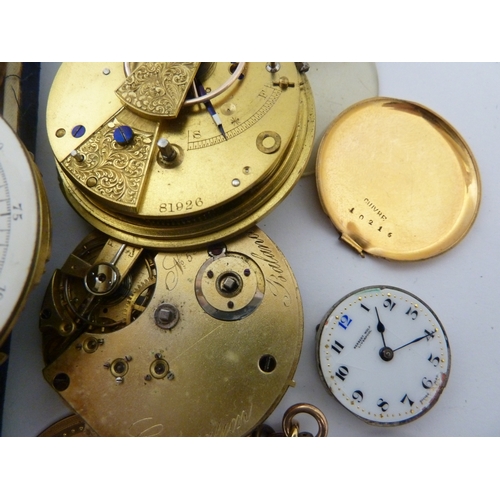 25 - A restorers box of watch parts, mostly antique pocket watch faces and movements, including a white e... 