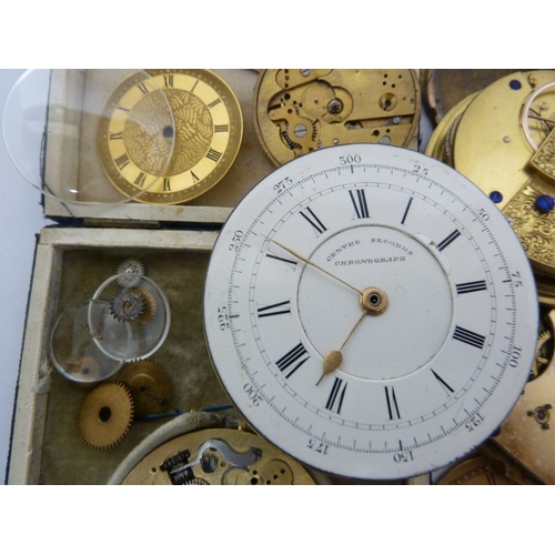 25 - A restorers box of watch parts, mostly antique pocket watch faces and movements, including a white e... 