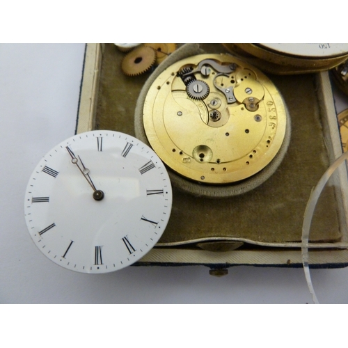 25 - A restorers box of watch parts, mostly antique pocket watch faces and movements, including a white e... 