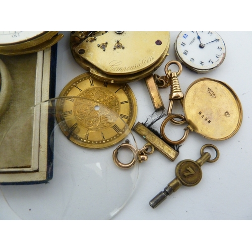 25 - A restorers box of watch parts, mostly antique pocket watch faces and movements, including a white e... 