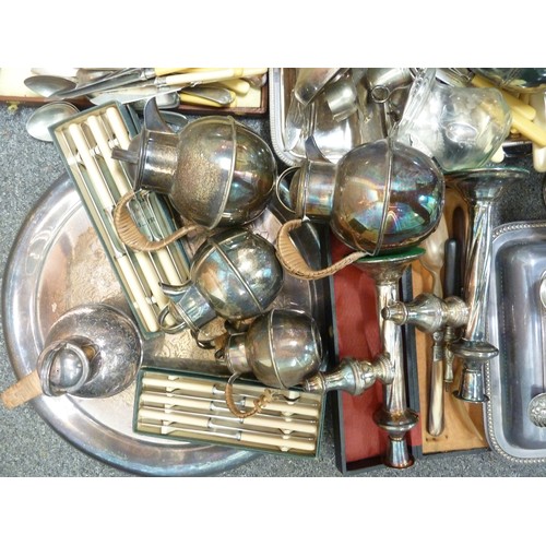 27 - Various silver plated items, including cutlery, serving ware and many Jersey milk cans (qty)