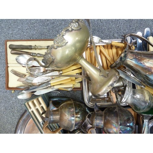 27 - Various silver plated items, including cutlery, serving ware and many Jersey milk cans (qty)