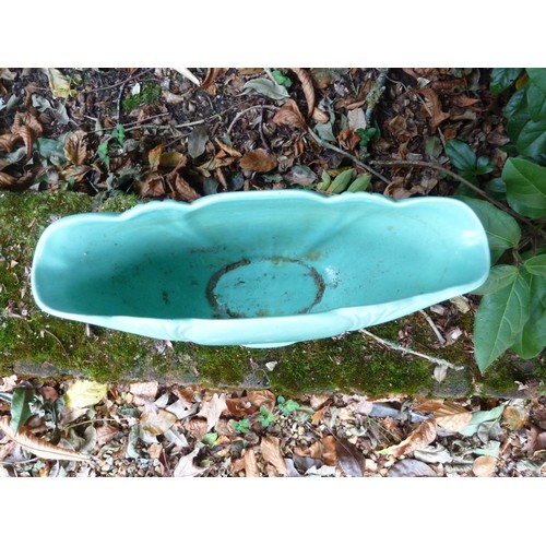 89 - Two Dartmouth Pottery flower trough vases, green glazed; and a Denby green glazed tall water jug (3)