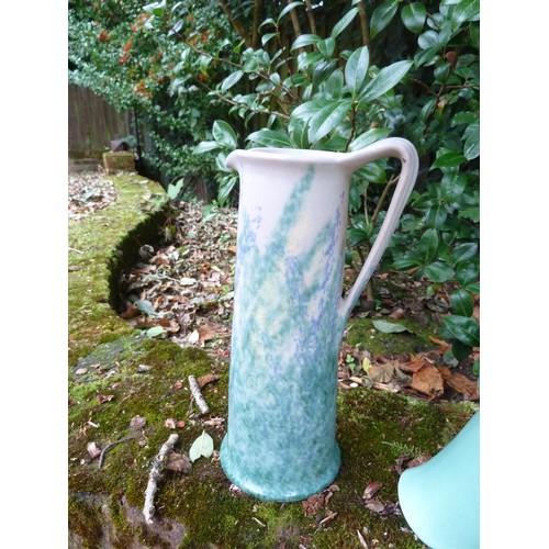 89 - Two Dartmouth Pottery flower trough vases, green glazed; and a Denby green glazed tall water jug (3)