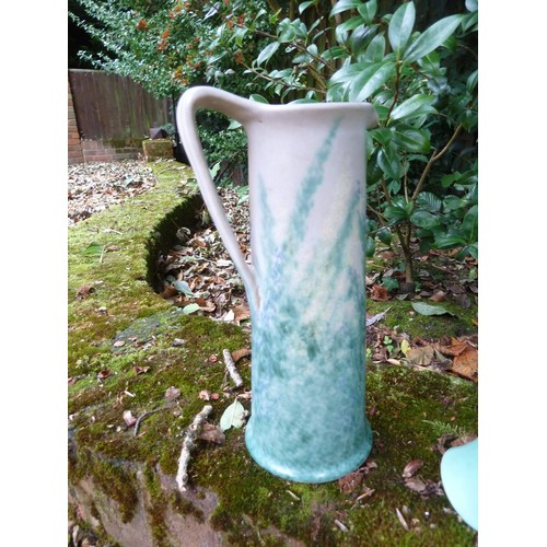 89 - Two Dartmouth Pottery flower trough vases, green glazed; and a Denby green glazed tall water jug (3)