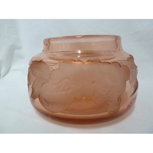 77 - Legras - a peach coloured glass vase acid cut with fruit and leaves, 13cm high