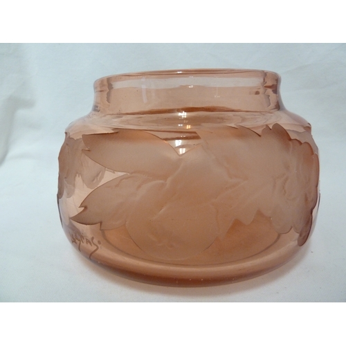 77 - Legras - a peach coloured glass vase acid cut with fruit and leaves, 13cm high