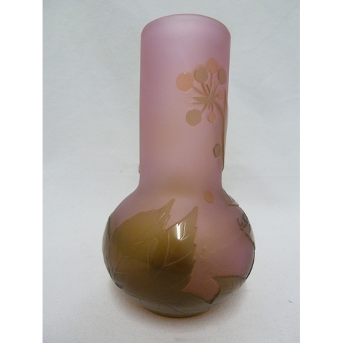 35 - Galle - A cameo glass vase, decorated with green flowers on a pink opalescent ground, 15cm high