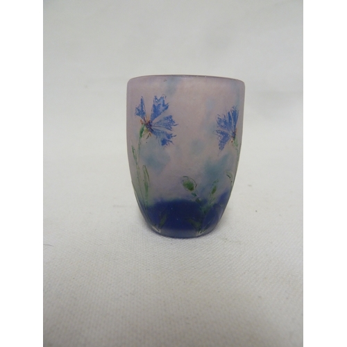 36 - Daum - a miniature cameo glass vase decorated with a cornflower picked out with enamels on a pale li... 