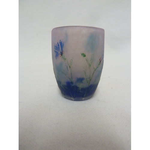 36 - Daum - a miniature cameo glass vase decorated with a cornflower picked out with enamels on a pale li... 