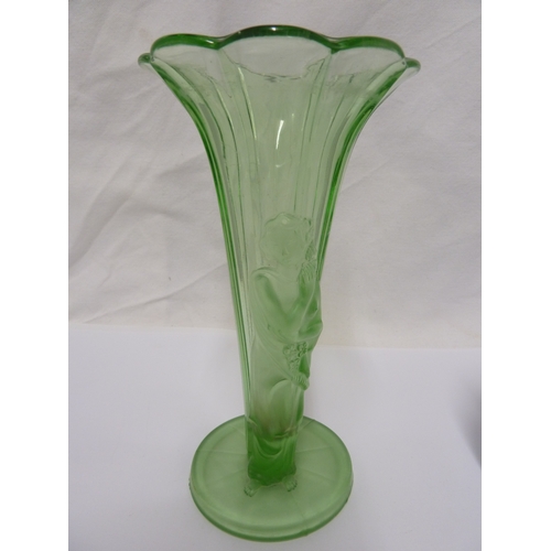 117 - Two Art Deco glass items, a green glass trumpet vase; and a pale blue glass salts box and cover deco... 